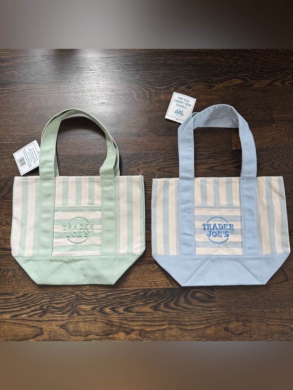 NWT Trader Joe’s blue and green pastel stripe canvas mini tote bags (set of 2) - Picture 4 of 4